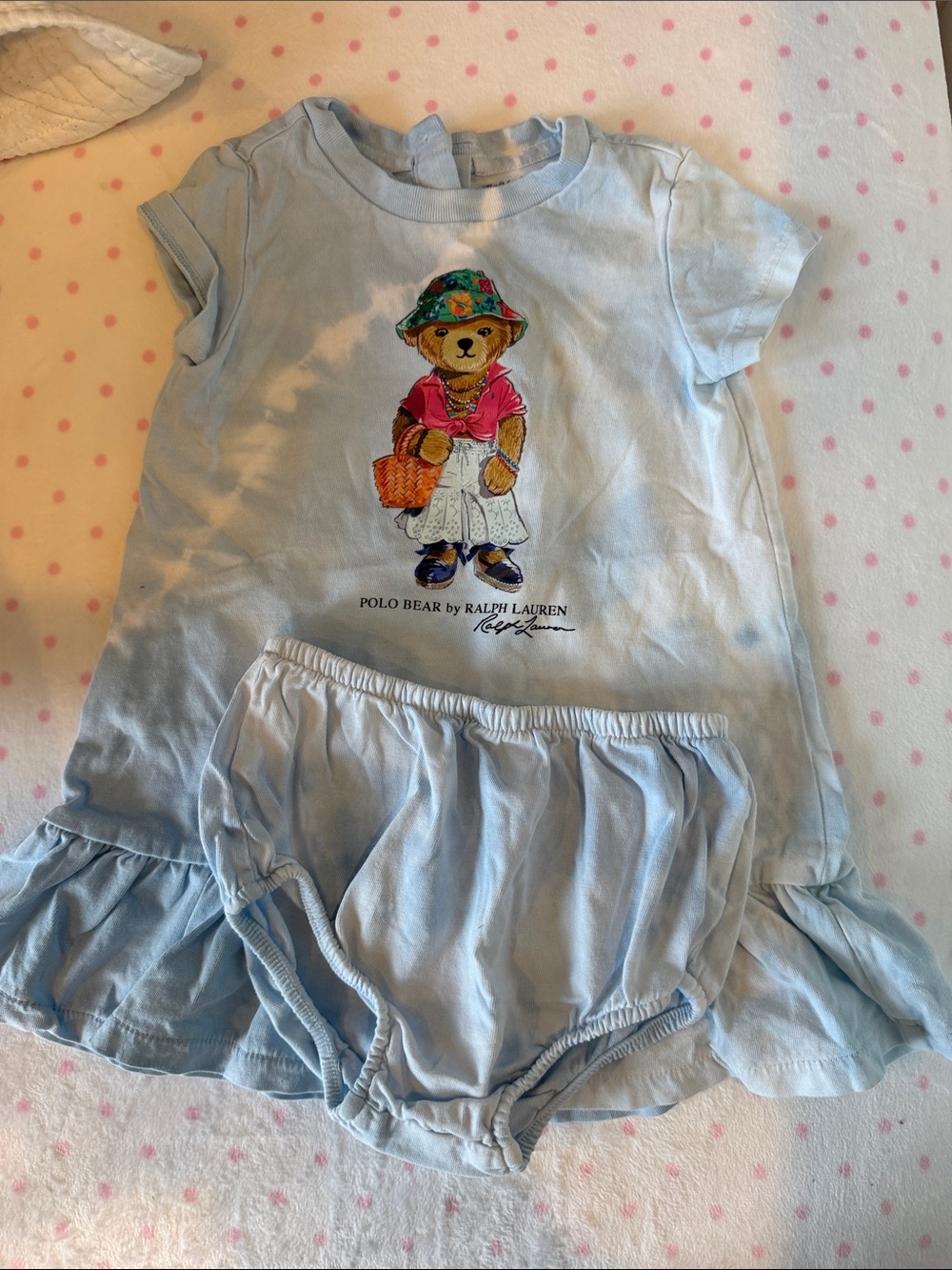 Ralph Lauren baby Light Blue Polo Bear Dress & Bloomer Set